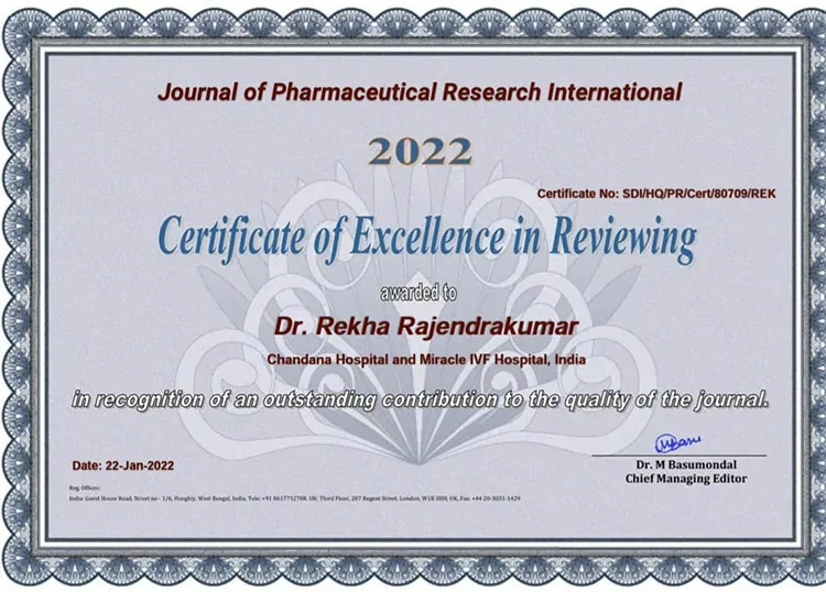 Dr. Rekha Rajendrakumar certificate of excellence - Miracle IVF Hospital